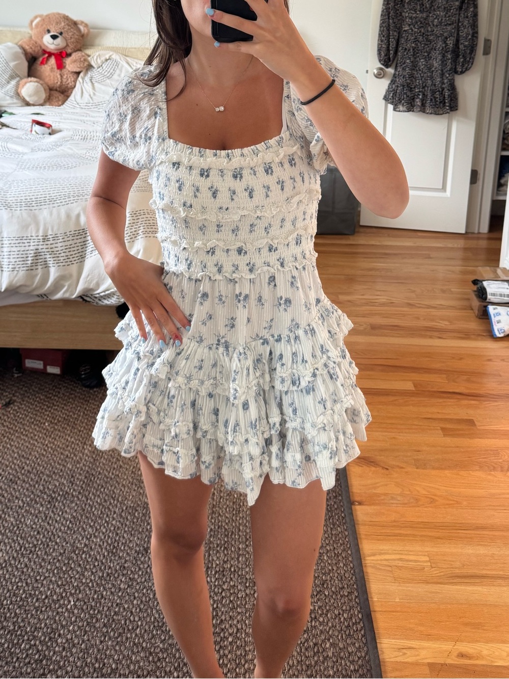 LoveShackFancy Smocked White and Blue Floral Mini Dress